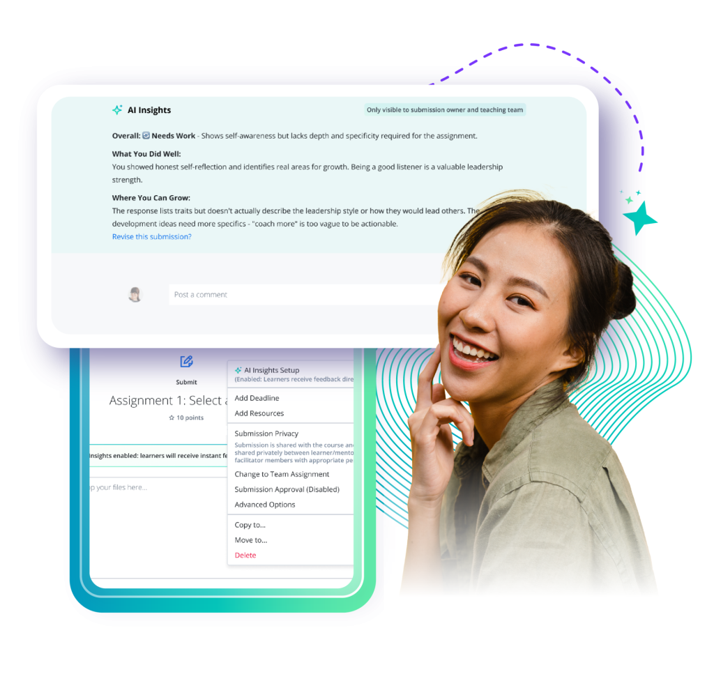 Graphic composition with feature screenshots and smiling woman