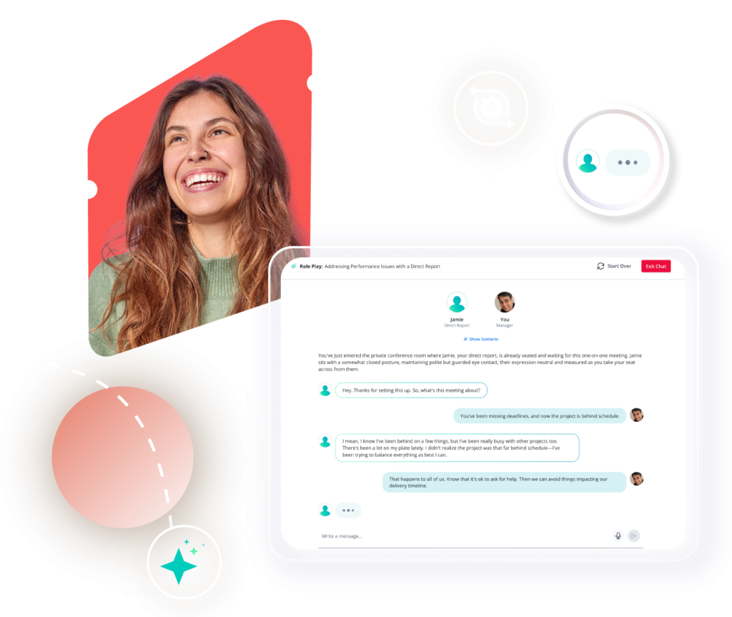Graphic composition with smiling woman and screenshot of AI Roleplay